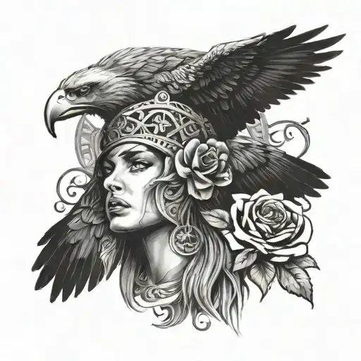 Gladiator, Eagle, Roses, Beautiful Woman, Versace pattern tattoo design idea