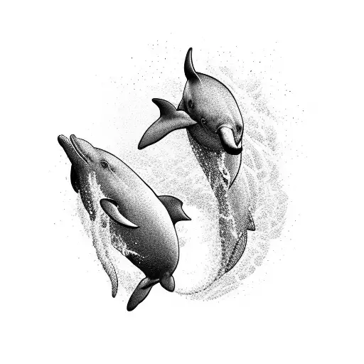 A blackwork silhouette of a mother and baby dolphin leaping out of the water tattoo design idea