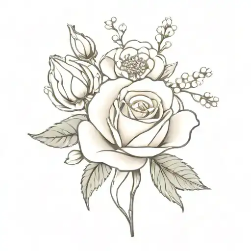Single rose, single carnation, single daisy, baby's breath, two snow drop flower bouquet fine line  tattoo design idea