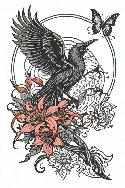 red spider lily and crow and moon and star and fox and butterfly and red string of fate tattoo design idea