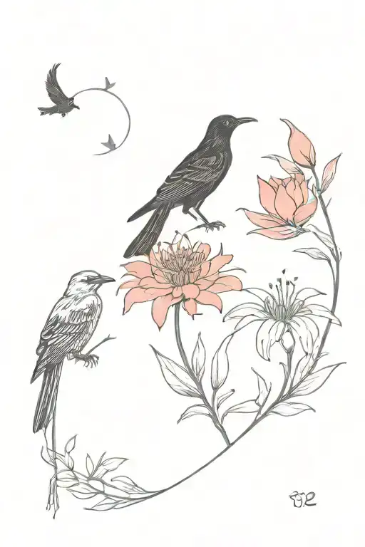 red spider lily and crow and moon and butterfly and fox tattoo design idea