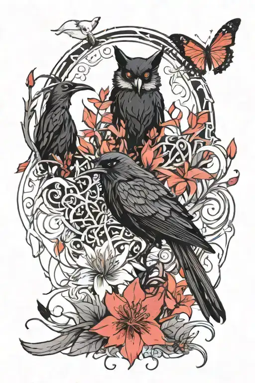 red spider lily and crow and moon and butterfly and fox tattoo design idea