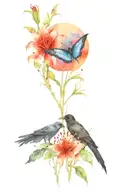 red spider lily and crow and moon and butterfly and fox tattoo design idea