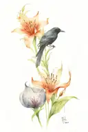 red spider lily and crow and moon and butterfly and fox tattoo design idea