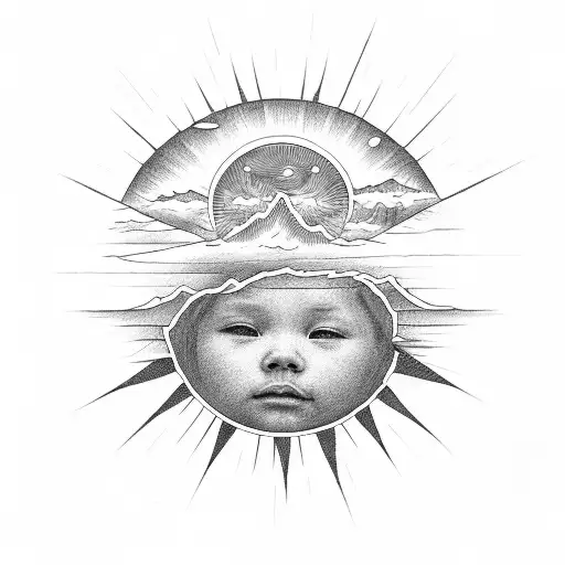 western sun with dad and daughter overlooking ocean tattoo design idea