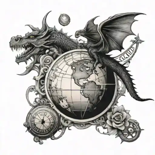 globe, the sun, a compass, with a small and cute dragon flying above the three tattoo design idea