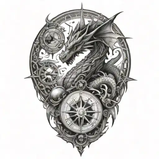 a planet, a sun, a dragon, a compass, underneath each other tattoo design idea