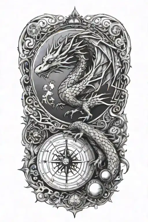 female dragon, sun, planet earth, compass tattoo design idea