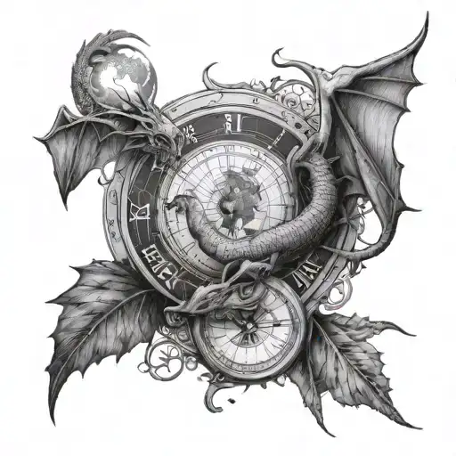 Ensemble of the planet earth with the sun, a dragon flying across and a compass somewhere tattoo design idea