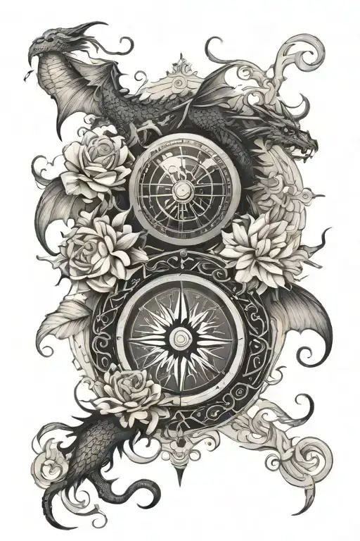 sun, Planet earth, compass and shadow of a gentle dragon without spikes or visible teeth, vertically connected by flower tattoo design idea