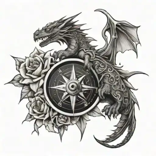 sunshine, Planet, compass and gentle dragon without spikes or visible teeth connected by ranks or flowers tattoo design idea