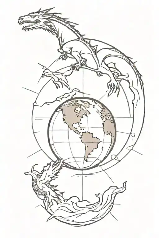 planet earth with a dragon a compass and a sun behind hit  tattoo design idea