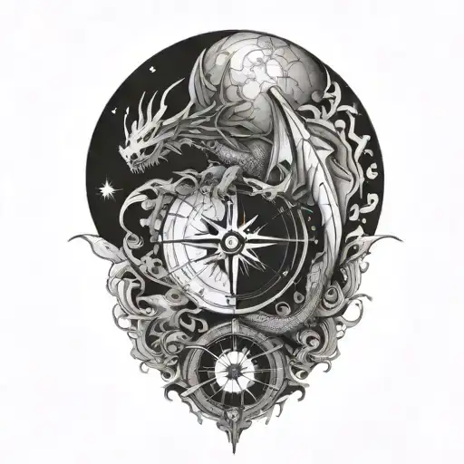 a planet, a sun, a dragon, a compass, underneath each other, all connected by a light fabric band  tattoo design idea