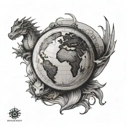 planet globe little dragon flying, compass small, sunshine  tattoo design idea