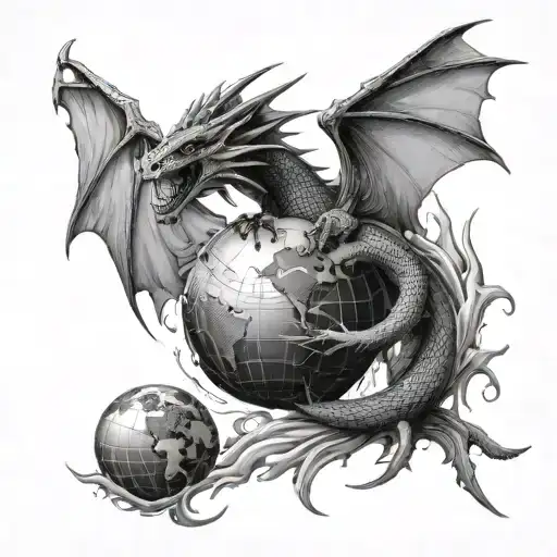 Ensemble of the planet earth with the sun, a dragon flying across tattoo design idea