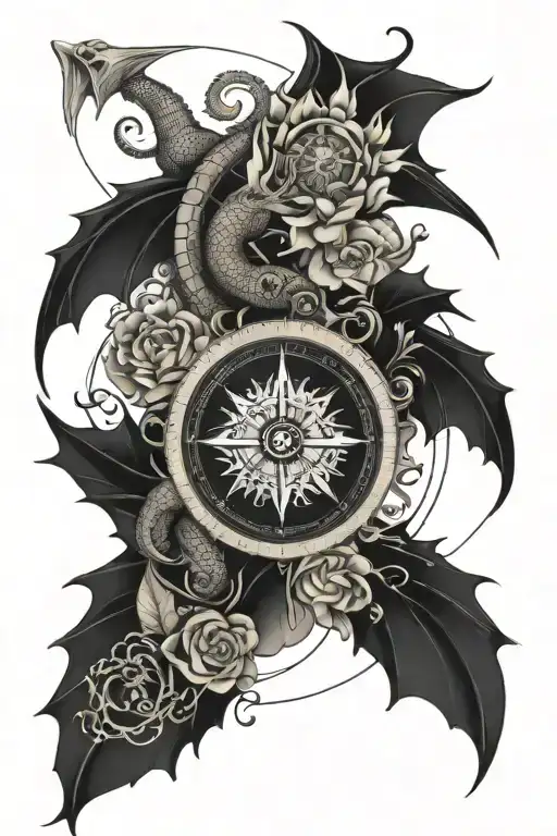 sun, Planet earth, compass and gentle dragon without spikes or visible teeth connected by ranks or flowers tattoo design idea