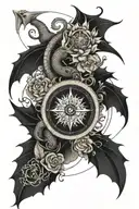 sun, Planet earth, compass and gentle dragon without spikes or visible teeth connected by ranks or flowers tattoo design idea