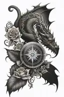 sun, Planet earth, compass and gentle dragon without spikes or visible teeth connected by ranks or flowers tattoo design idea