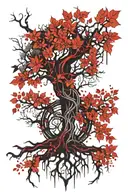 Yggdrasil intertwined into descending roots forming into branches. leaves repressing different things that define me tattoo design idea