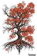 Yggdrasil intertwined into descending roots forming into branches. leaves repressing different things that define me tattoo design idea