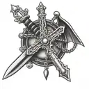 Black And Grey "Sword Facing Down With Christian Rosary Beads Around" Tattoo Design Idea tattoo design idea