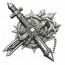 Black And Grey "Sword Facing Down With Christian Rosary Beads Around" Tattoo Design Idea tattoo design idea