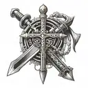 Black And Grey "Sword Facing Down With Christian Rosary Beads Around" Tattoo Design Idea tattoo design idea