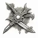 Black And Grey "Sword Facing Down With Christian Rosary Beads Around" Tattoo Design Idea tattoo design idea
