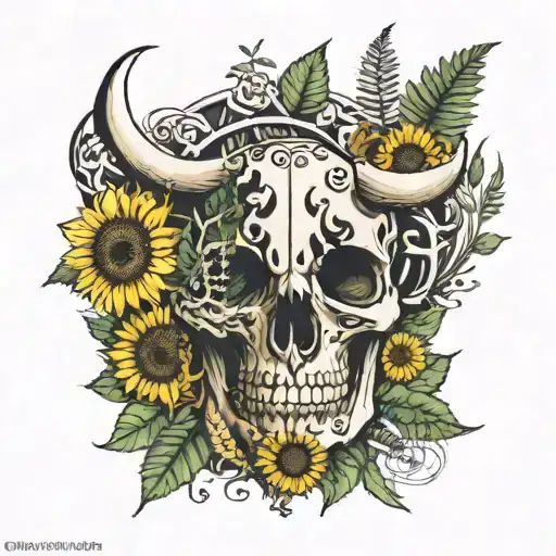 chest tattoo with sunflowers, ferns, a bulls skull and a crescent moon tattoo design idea