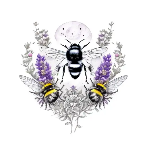 A whimsical sketch-style tattoo featuring a bumblebee surrounded by lavender and small birds not symetric tattoo design idea