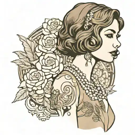 girl with brown wavy bob wearing clothes made of pearls tattoo design idea