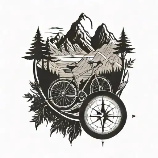 A mountain landscape with a winding bike trail leading up to a compass and arrow symbolizing adventure and direction tattoo design idea