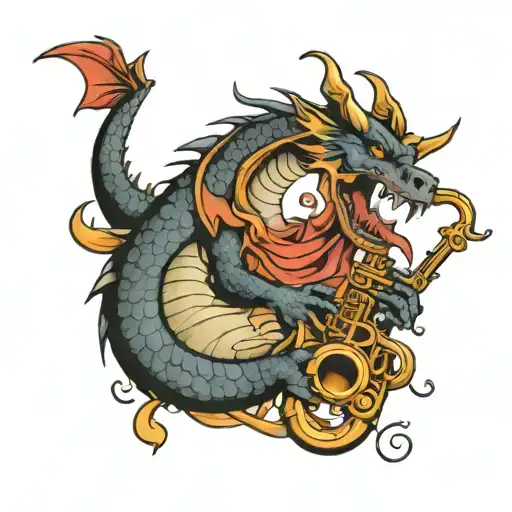 A dragon playing a saxophone in a neotraditional style tattoo design tattoo design idea