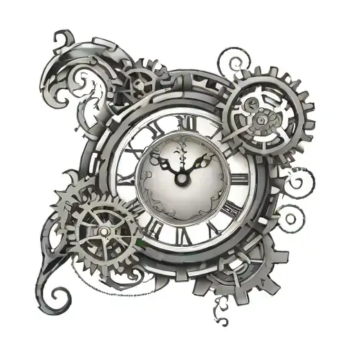 A HR-themed tattoo of a jazz-inspired clock with gears and musical notes, symbolizing the importance of timing in HR decisions tattoo design idea