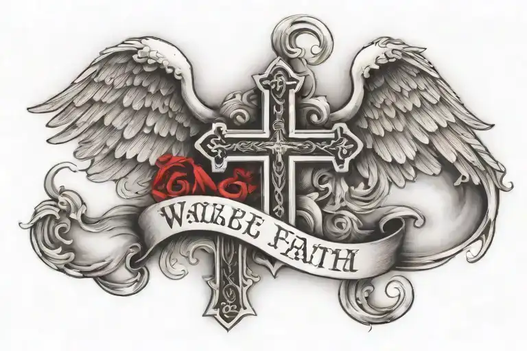 cross with angel surrounded and dove by clouds and water with black and red ink with qoute "walk by faith,not sight" tattoo design idea