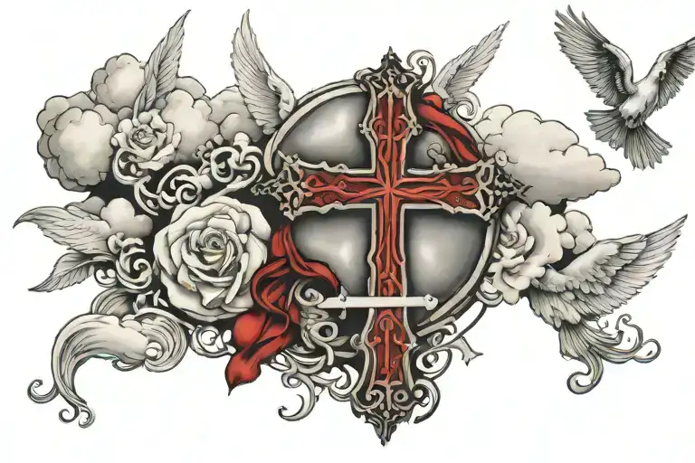 cross with angel surrounded and dove by clouds and water with black and red ink with qoute "walk by faith,not sight" tattoo design idea