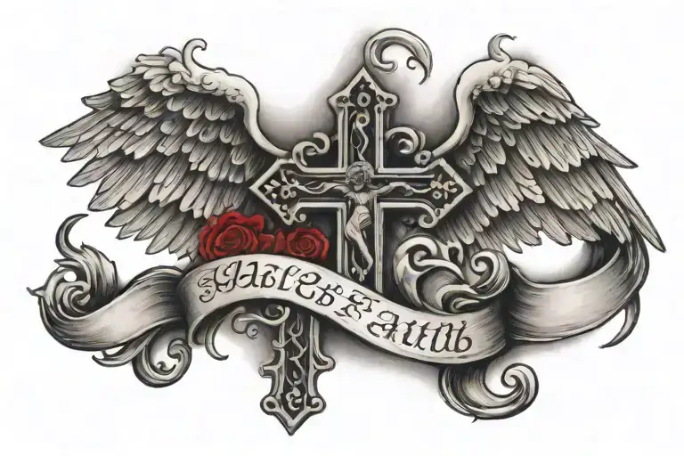 cross with angel surrounded and dove by clouds and water with black and red ink with qoute "walk by faith,not sight" tattoo design idea