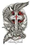cross with angel surrounded and dove by clouds and water with black and red ink with qoute "walk by faith,not sight" tattoo design idea