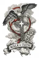 cross with angel surrounded and dove by clouds and water with black and red ink with qoute "walk by faith,not sight" tattoo design idea