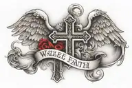 cross with angel surrounded and dove by clouds and water with black and red ink with qoute "walk by faith,not sight" tattoo design idea