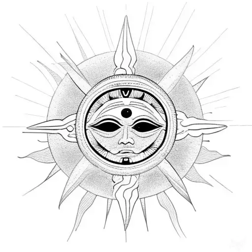 A Mayan-inspired sun surrounded by beach elements like seagulls and surfboards tattoo design idea