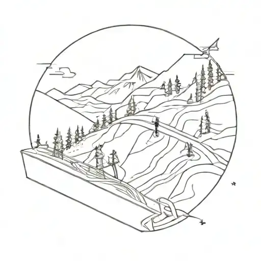 An abstract representation of a ski slope with intricate line work and geometric shapes, symbolizing the client's love for skiing tattoo design idea