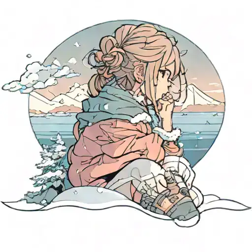 girl overlooking ocean and mountains in snow, she is sad and overlooking away from the foreground tattoo design idea