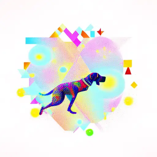 A silhouette of a dancer with a dog jumping through a colorful burst of geometric shapes tattoo design idea