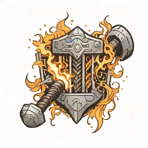 charmilion and thor hammer with lighting and fire around tattoo design idea