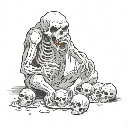 anxiety Monster eating Time and regrets, souls elevating, skulls, gore tattoo design idea