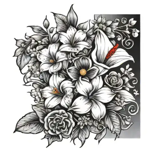 small flower arangment made with daisies, cherry blossom, calla lilies, roses tattoo design idea