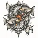 two fish kissing in compass sketch style tattoo tattoo design idea