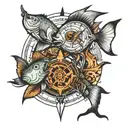 two fish kissing in compass sketch style tattoo tattoo design idea