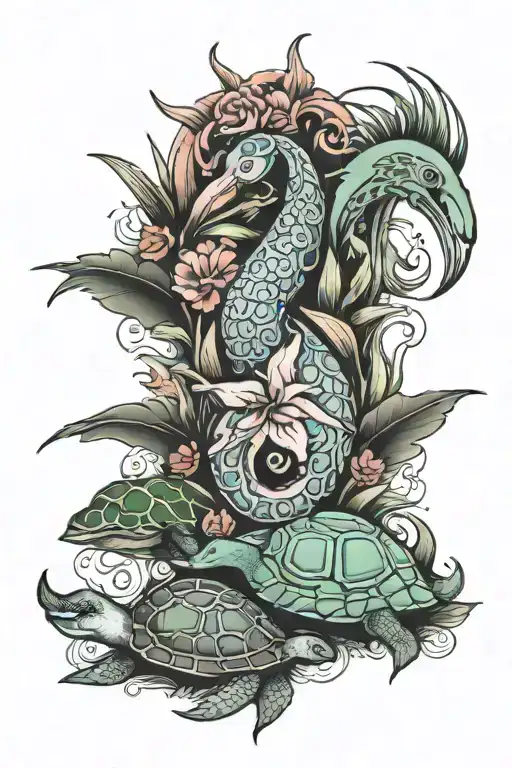 flamingo, sea horse, turtle and dolphin tattoo tattoo design idea